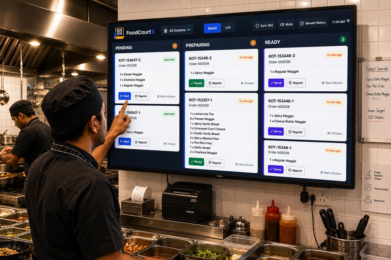 FoodCourtX kitchen display system showing live restaurant orders and statuses